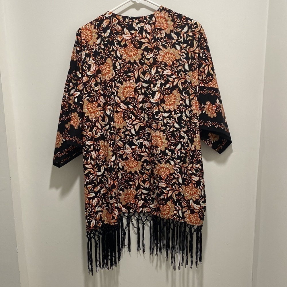 RUBY Rd Floral Print Fringe Kimono Cardigan Small Open Front Swim π - Picture 6 of 6